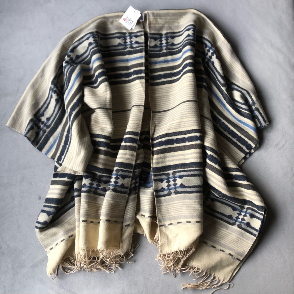 Lulla Collection by Bindya ~ Ruana Shawl Scarf ~ Cream with Blue and Gray